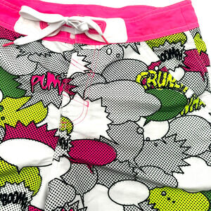 PUMA Men's Medium Neon Pink Green Cargo Comic Strip Swim Trunks Board Shorts 80s